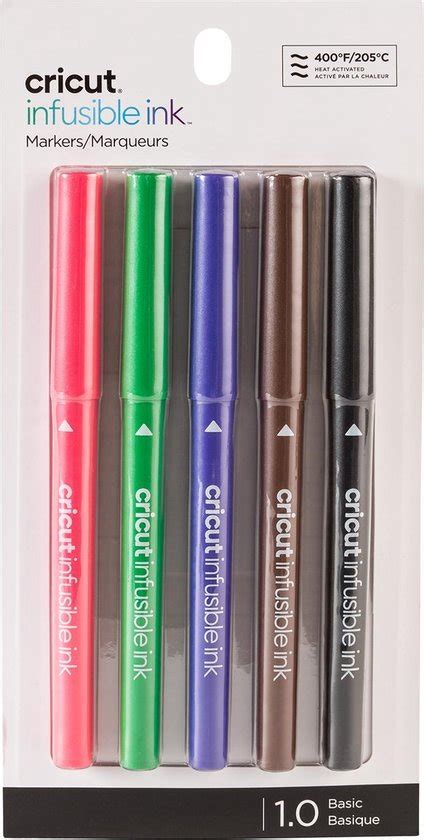 Cricut Explore/Maker Infusible Ink Medium Point Pen Set 5-pack (Basics); 5 medium point (1.0) markers in Cardinal, Black, Ultraviolet, Tawny, Bright Green; Produces vibrant, pro-quality transfers that last a lifetime; Requires compatible Infusible Ink blank (sold separately) and Cricut EasyPress™ 2 or heat press that reaches 400°F (205°C); Transferred inks never flake, peel, crack, or wrinkle